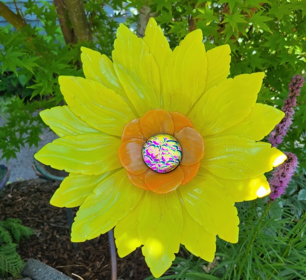Garden Flower-Yellow with Orange Streaky Bowl and Dichroic Center by Kathy Kollenburn