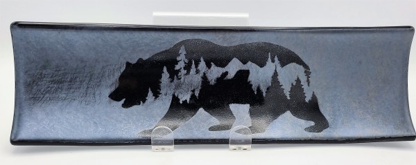 Long Tray-Silver Irid on Black with Forest Bear by Kathy Kollenburn