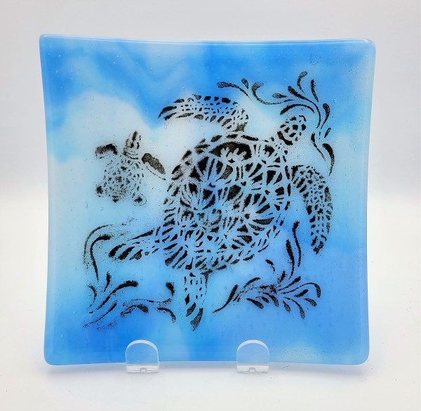 Sea Turtle Plate on Blue/White Streaky by Kathy Kollenburn