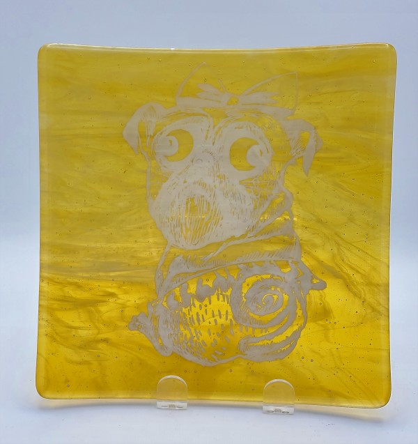 Plate with Pug Dog on Amber Streaky