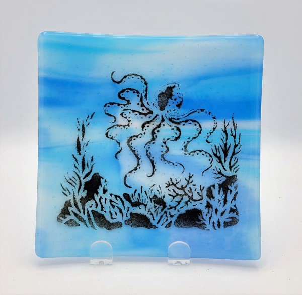 Plate in Blue and White Streaky with Undersea Octopus by Kathy Kollenburn