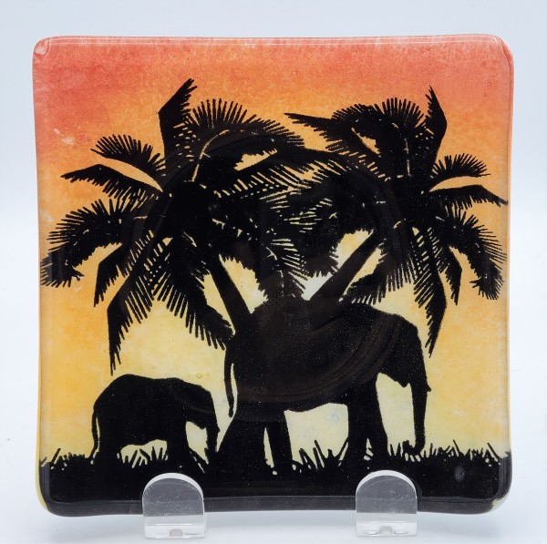 Plate with Elephants on Sunset Background by Kathy Kollenburn