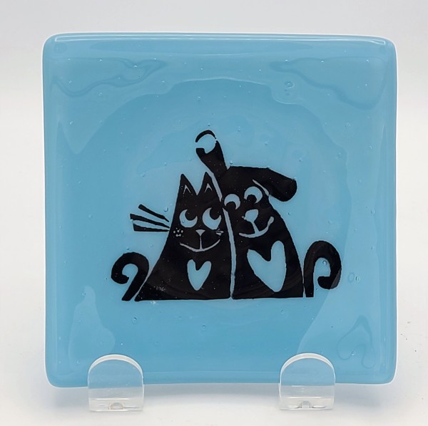 Small Plate with Loving Cats & Dogs on Powder Blue