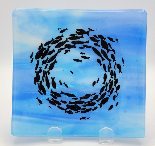 Plate with School of Fish on Blue/White Streaky by Kathy Kollenburn