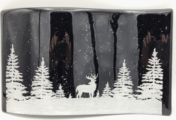 Stand Up Curve-Winter Scene with Deer in Woods on Adventurine Blue by Kathy Kollenburn