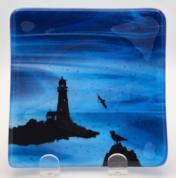 Plate-Copper Blue/White Streaky with Lighthouse and Seascape by Kathy Kollenburn