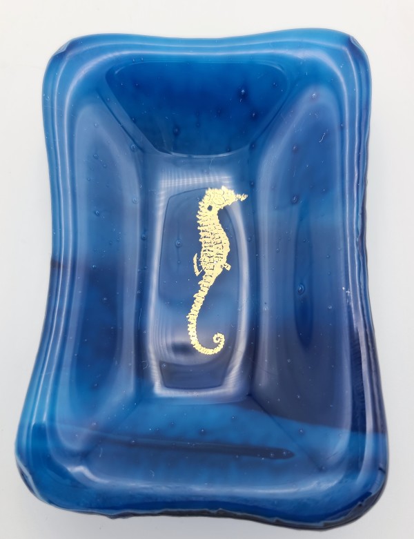 Trinket Dish-Blue Streaky with Gold Seahorse by Kathy Kollenburn