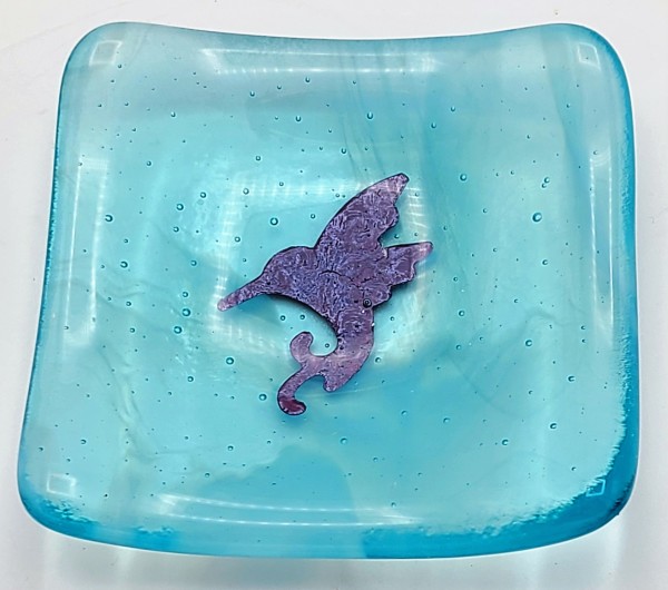 Small Dish-Copper Hummingbird on Turquoise/White Streaky by Kathy Kollenburn