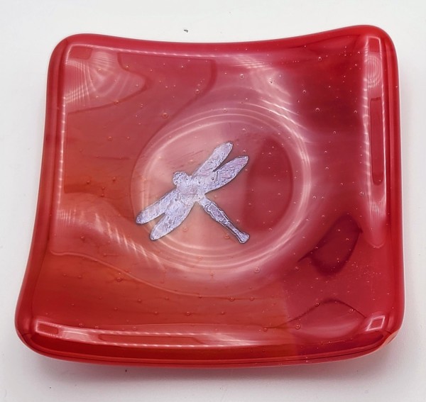Small Plate-Copper Dragonfly on Red Streaky by Kathy Kollenburn