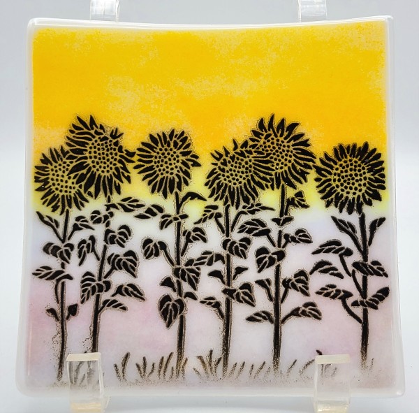 Plate-Sunflowers on Sunset Background by Kathy Kollenburn