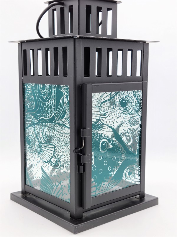 Lantern with Aquamarine Fish Panels by Kathy Kollenburn