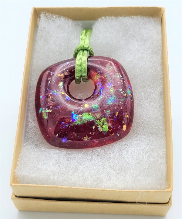 Necklace-Med Red Pillow Pendant with Dichroic Flakes by Kathy Kollenburn