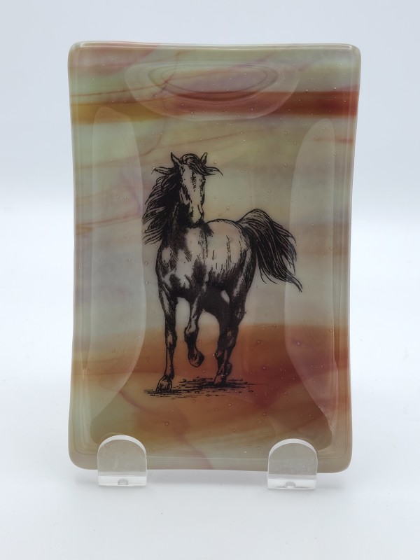 Soap Dish/Spoon Rest-Horse on Blue/Gray and Red Streaky Background by Kathy Kollenburn