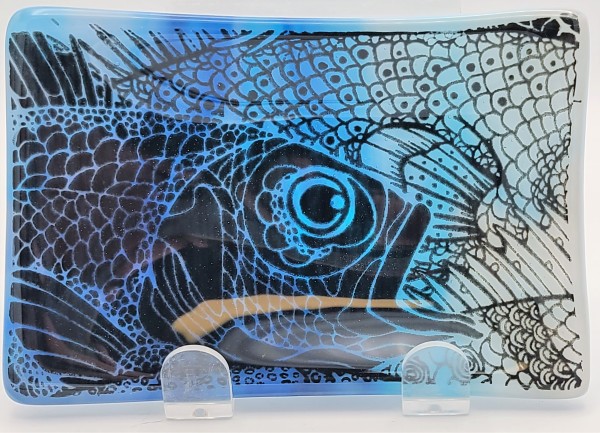 Soap Dish/Spoon Rest-Fish Party on Blue Streaky by Kathy Kollenburn
