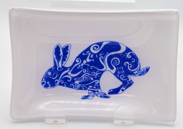 Soap Dish/Spoon Rest-Blue Stylized Rabbit on Pale Pink Background by Kathy Kollenburn