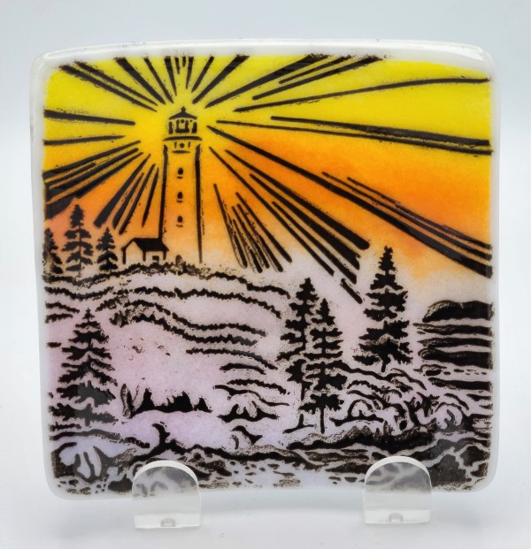 Small Plate-Lighthouse Shining against Sunset Sky by Kathy Kollenburn