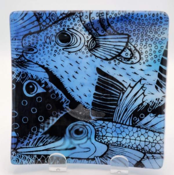Small Plate-Fish Party on Blue Streaky by Kathy Kollenburn