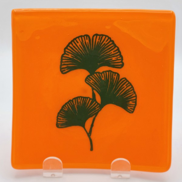 Small Plate-Green Gingkos on Orange by Kathy Kollenburn