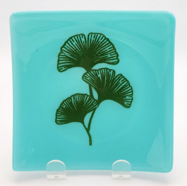 Small Plate-Green Gingkos on Turquoise by Kathy Kollenburn