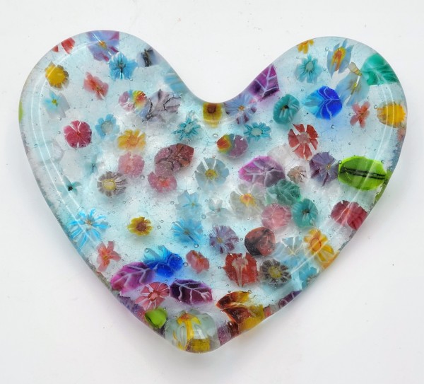 Heart Dish-Turquoise with Flower Murrini by Kathy Kollenburn