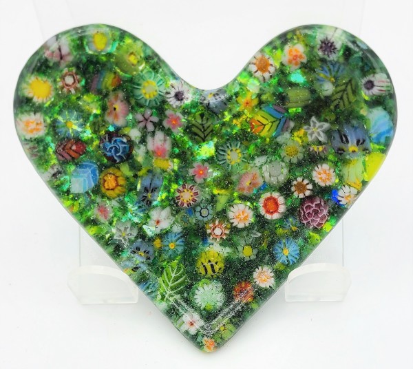 Heart Dish-Green with Murrini Flowers by Kathy Kollenburn