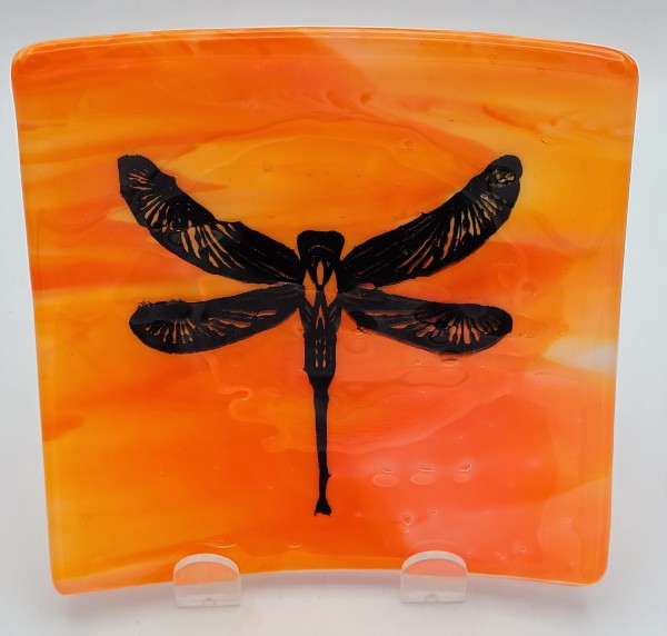 Small Plate-Orange/White Streaky with Dragonfly by Kathy Kollenburn