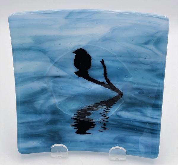 Small Plate-Blue/White Streaky, Bird with Water Reflection by Kathy Kollenburn