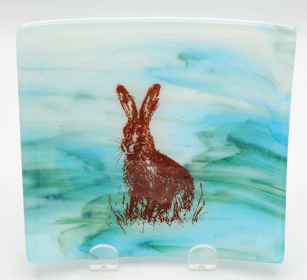 Small Plate-Brown Hare on Blue/Green/White Streaky by Kathy Kollenburn