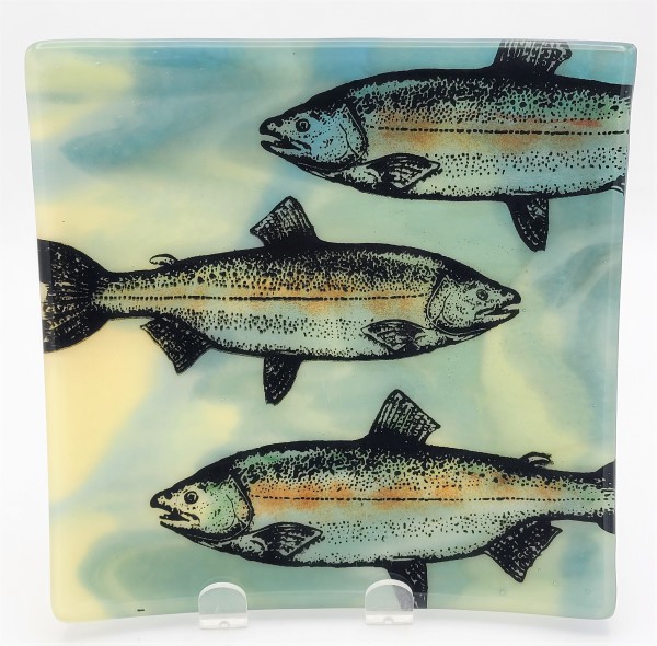 Plate-Trio of Trout on Blue/White Streaky by Kathy Kollenburn