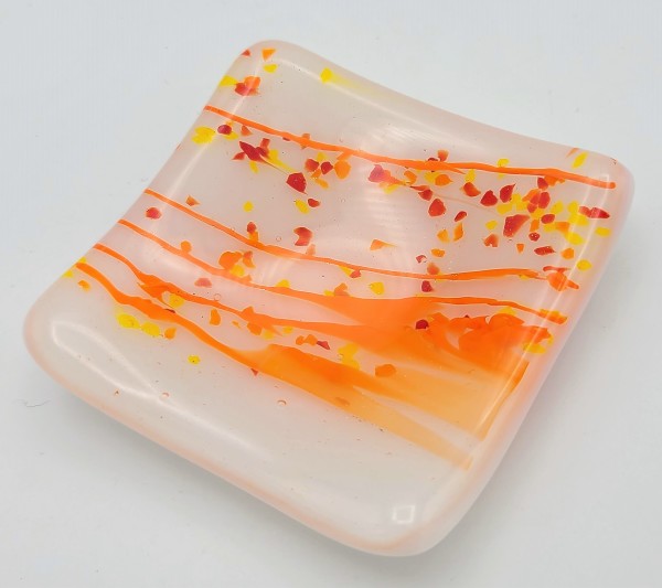 Trinket Dish-White with Orange Stringer and Confetti by Kathy Kollenburn