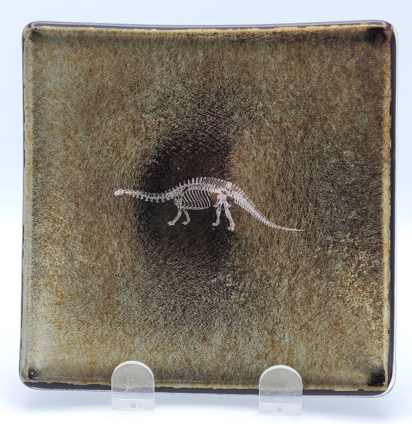 Small Plate with Brontosaurus on Black Irid by Kathy Kollenburn