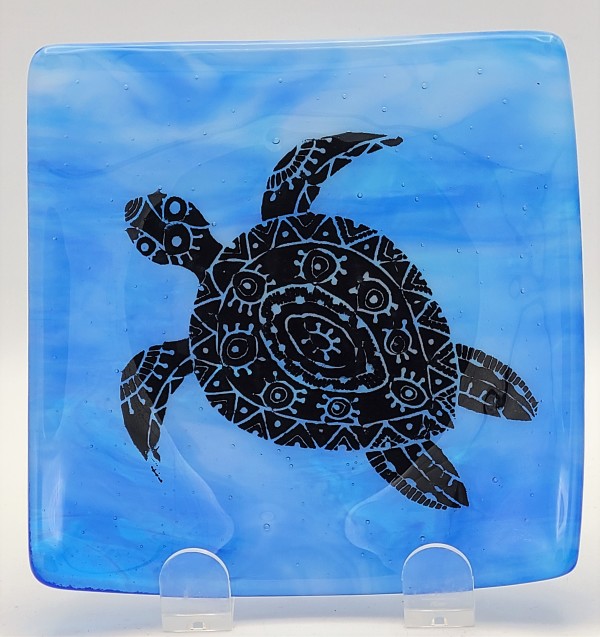 Small Plate with Sea Turtle on Blue/White Streaky by Kathy Kollenburn
