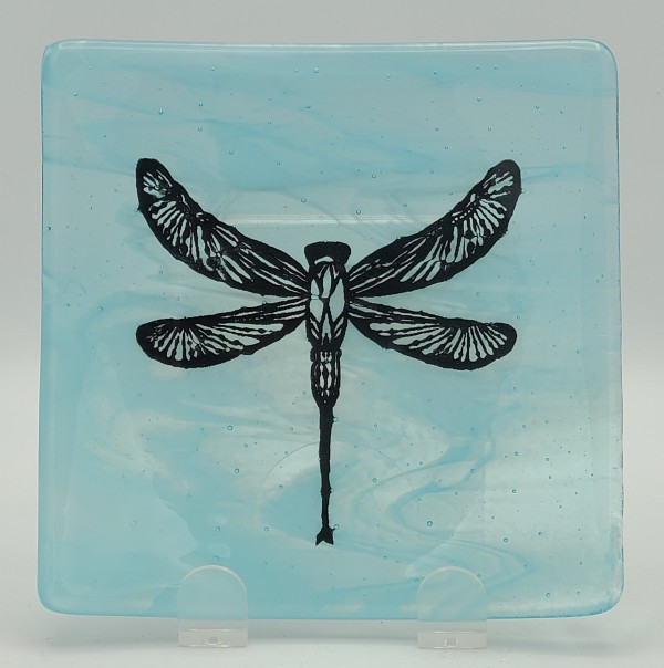Small Plate-Dragonfly on Turquoise/White Streaky by Kathy Kollenburn