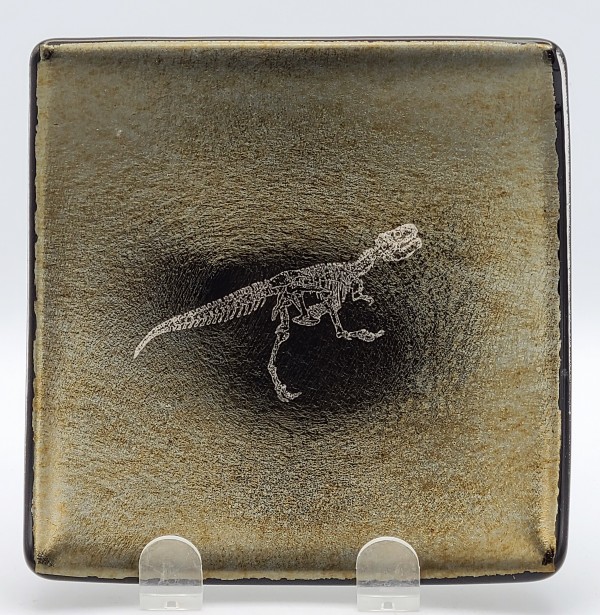 Plate with Allosaurus on Black Irid by Kathy Kollenburn