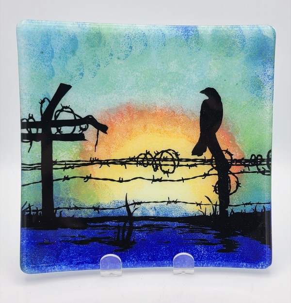 Plate with Raven on Wire at Sunrise by Kathy Kollenburn