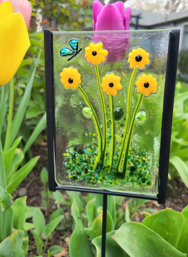 Garden Stake-Yellow Sunflowers with Butterfly by Kathy Kollenburn