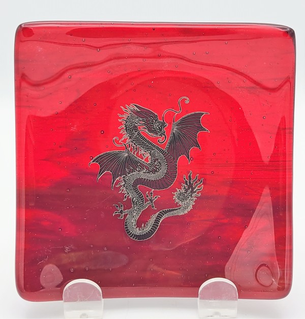 Plate-Red Streaky with Silver Dragon by Kathy Kollenburn