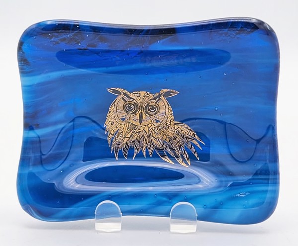 Trinket Dish-Blue Streaky with Zentangle Owl by Kathy Kollenburn