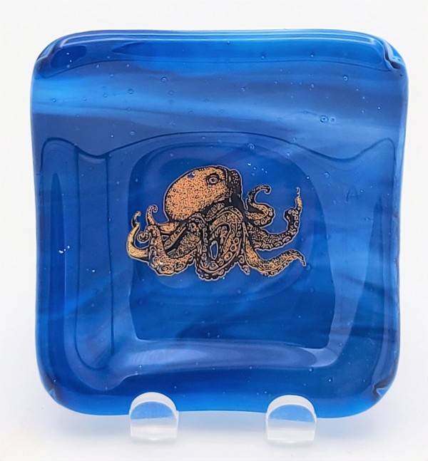 Small Trinket Dish-Blue Streaky with Golden Octopus by Kathy Kollenburn