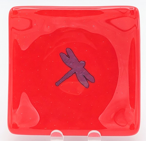 Small Plate-Red with Copper Dragonfly by Kathy Kollenburn