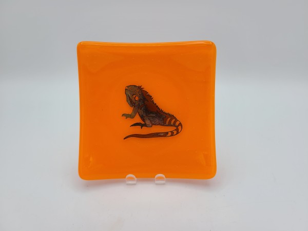 Small Plate-Orange with Gold Lizard by Kathy Kollenburn