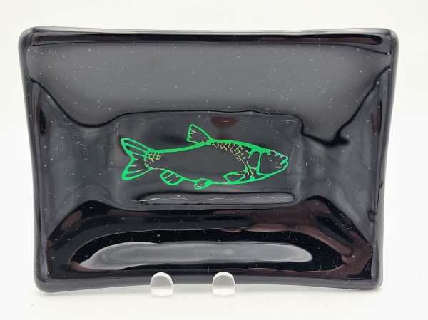 Soap Dish/Spoon Rest-Black with Dichroic Green Trout by Kathy Kollenburn