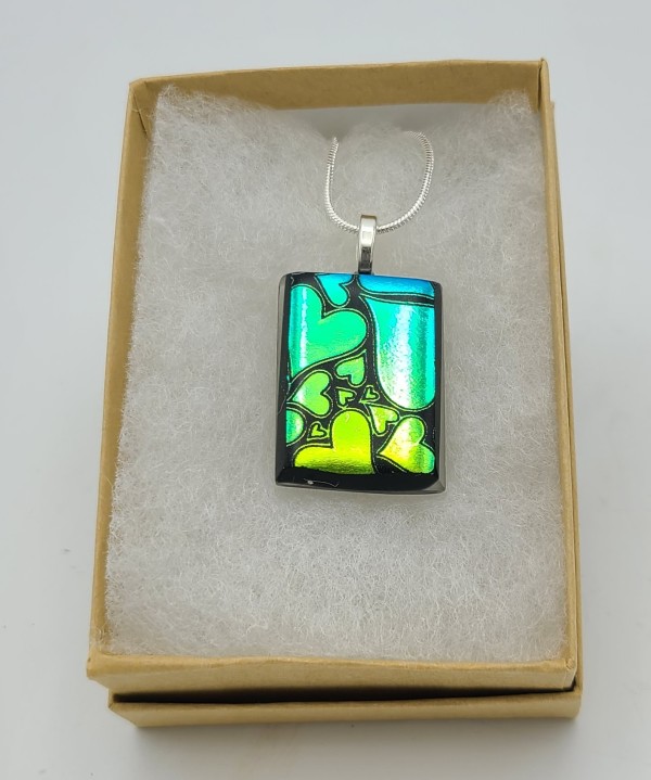 Necklace-Etched Outline Heart on Rainbow Dichroic by Kathy Kollenburn