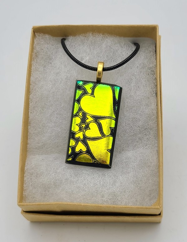 Necklace-Etched Outline Heart on Rainbow Dichroic by Kathy Kollenburn