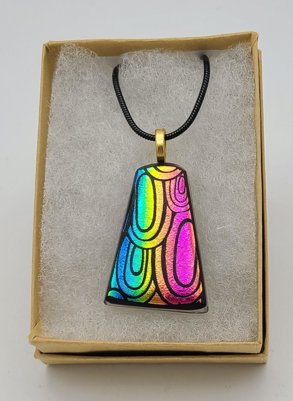 Necklace-Etched Ellipses on Green/Magenta/Blue Striped Dichroic by Kathy Kollenburn