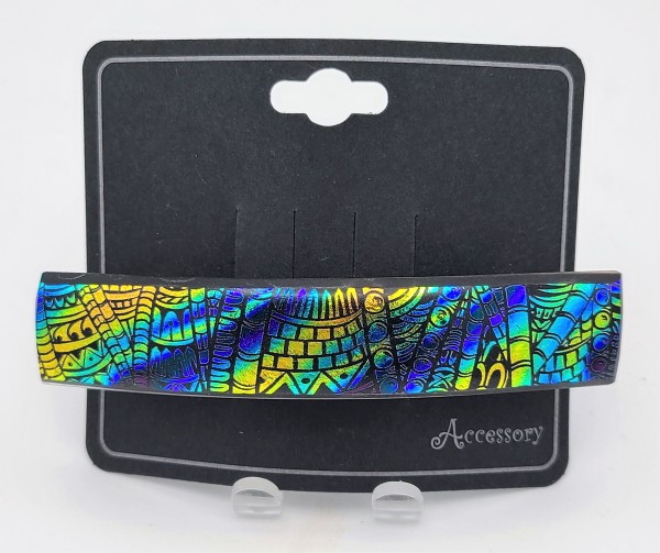 Barrette-Etched Tribal Pattern in Gold/Blue/Turquoise Dichroic by Kathy Kollenburn