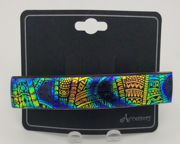 Barrette-Etched Tribal Pattern in Blue/Turquoise/Gold/Orange Dichroic by Kathy Kollenburn