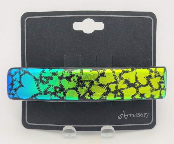 Barrette-Etched Double Heart on Rainbow Dichroic by Kathy Kollenburn