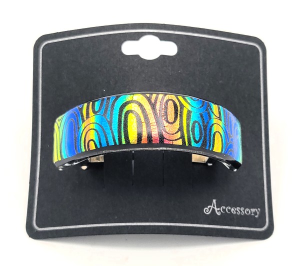 Ponytail Holder-Etched Funky Elipses on Green/Magenta Blue Striped Dichroic by Kathy Kollenburn