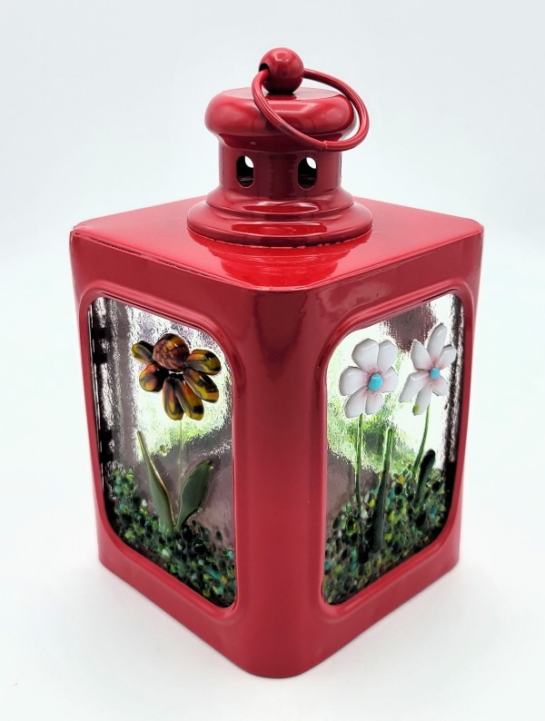 Lantern-Small, Red with Botanical Panels by Kathy Kollenburn